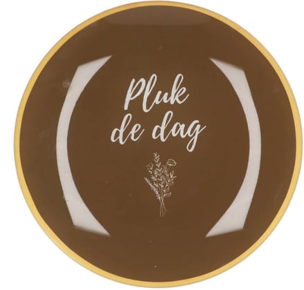 Daan Kromhout - Glazen Bord- Tekstbordje - Glas - Pluk de dag - Rond - Bruin - Ø 18 cm