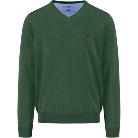 Fynch-Hatton Trui Uni Color Superfine Cotton V-Neck Dark Leaf / male