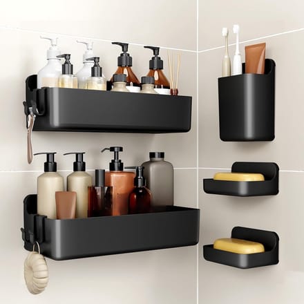 Famanu – Douchecaddy set van 5, boorvrij doucheplanken van ABS, sneldrogend en ruimtebesparend, grote capaciteit, zwart