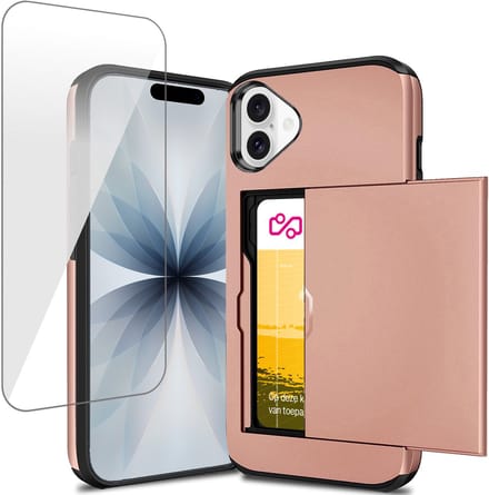 Hoesje met Pasjeshouder geschikt voor iPhone 17 - Screen Protector GlassGuard - Back Cover SlideCase Roségoud & Screenprotector