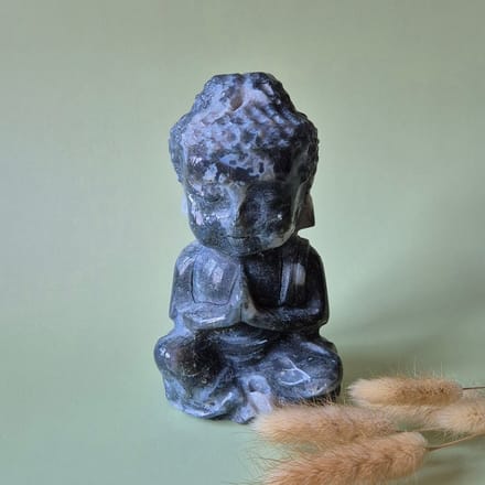 XL Druzy Mosagaat Buddha 14cm hoge geslepen Edelsteen Statement Piece