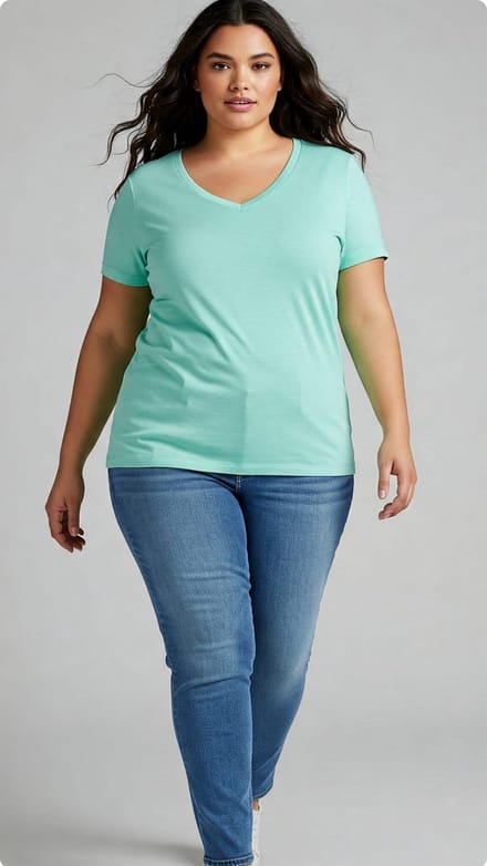 Dames XL V-Hals Basic Kortemouw T-Shirt, Mintblauw