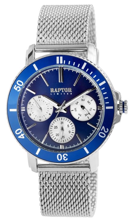 Raptor-model RA20342-001-Herenhorloge-Milanese band-verstelbaar-Blauw/zilverkleurig-3 atm waterdicht-diameter 42 mm-dag en datum aanduiding