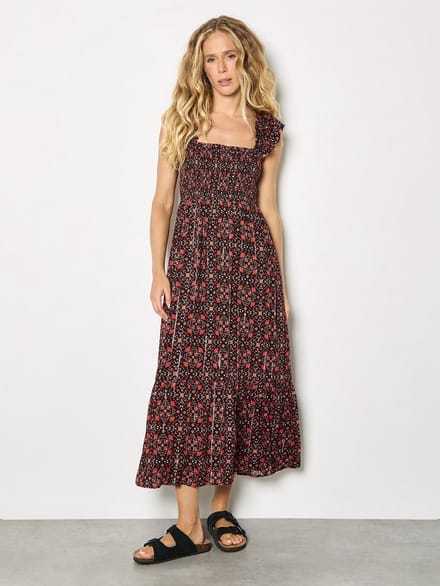 Midi-jurk met folkbloemenprint en metallic details