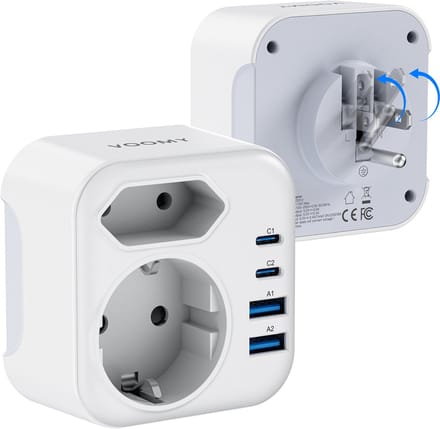 Voomy Reisstekker Amerika/USA - Wereldstekker Type B - Met 2 Stopcontacten - 2 USB-C & 2 USB-A - Wit