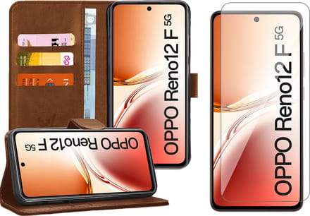 Hoesje geschikt voor Oppo Reno 12F / 12FS - Screenprotector Glas - Portemonnee Book Case Bruin