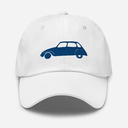 De2pktjes - Bleu Azurite geborduurde pet (voor en achter) Citroën Dyane - Wit