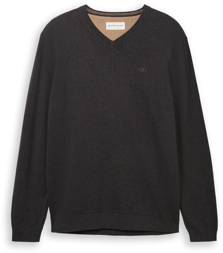 Tom Tailor - Gebreide trui met V-hals - Maat M - Black Grey Melange