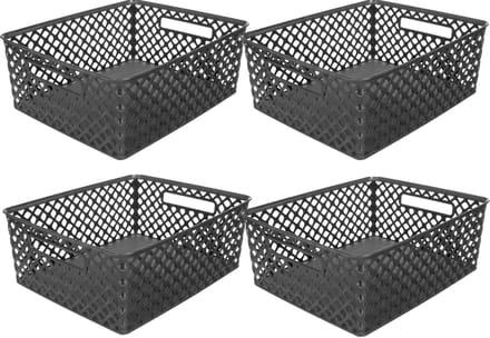 5Five Opbergmand/box van kunststof - 4x - zwart - 29 x 35 x 13 cm - 11 liter