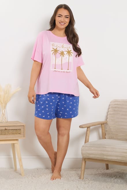 Yours Roze Pyjamatop Met 'Palm Beach' Slogan Size 46-48