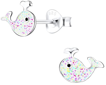 Joy|S - Zilveren walvis oorbellen - glitter witte vis oorknoppen - 11 x 8 mm