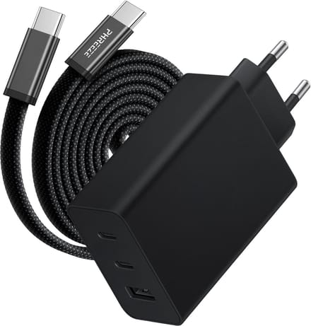 USB Adapter 65W + USB-C naar USB-C Kabel 3 Poorten 240W 1M Nylon Set Zwart