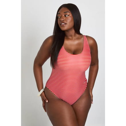 boohoo Dames Plus Gestreept Badpak Met Ronde Hals | Rood | Maat: 52
