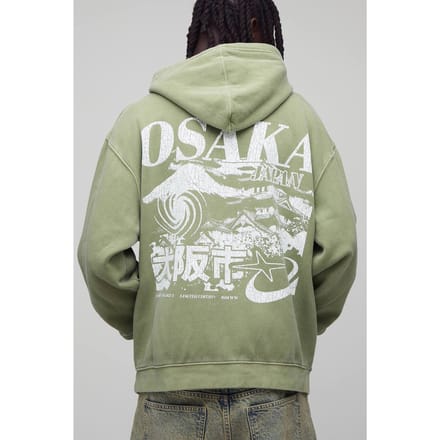 Oversized gewassen groene Osaka bedrukte hoodie | Green | Size Medium