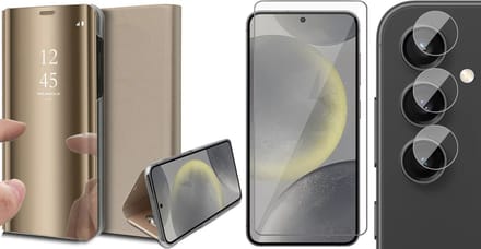 Hoesje geschikt voor Samsung Galaxy S24 Plus - Screenprotector Glas & Camera - Spiegel Book Case Goud
