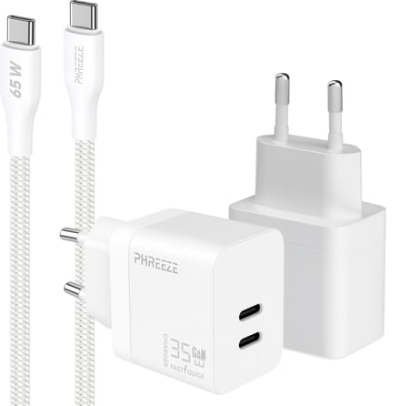 Phreeze usb C oplader 35w met usb C naar usb C kabel 1 meter - GaN charger met 2 usb C poorten - Power Delivery snellader