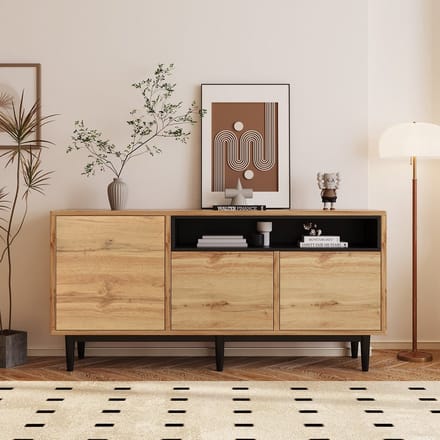 KOMHTOM Dressoir houten dressoir met drie deuren en planken 160 x 35 x 76 cm