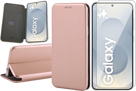 Hoesje geschikt voor Samsung Galaxy S25 - Screenprotector Glas - Wallet Book Case Rosegoud