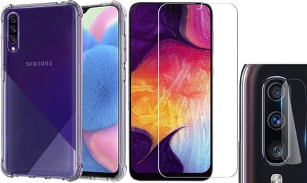 Hoesje geschikt voor Samsung Galaxy A50 - Screenprotector Glas & Camera Screen Protector - Transparant Shock Case