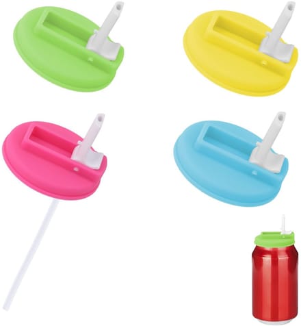 Dailygoods- Deksel 5 cm - Dekselhouder - Herbruikbaar - Silicone/Plastic - 4 Stuks - Inclusief 8 Rietjes - Blikdeksel