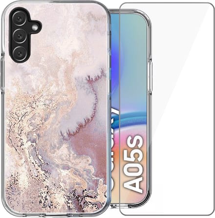 Hoesje geschikt voor Samsung Galaxy A05s - Screen Protector Glas - Back Cover Marmer Siliconen Case Roze & Screenprotector