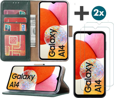 Samsung Galaxy A14 (5G/4G) hoesje - bookcase met pasjeshouder + 2x Screenprotector tempered glass - Groen