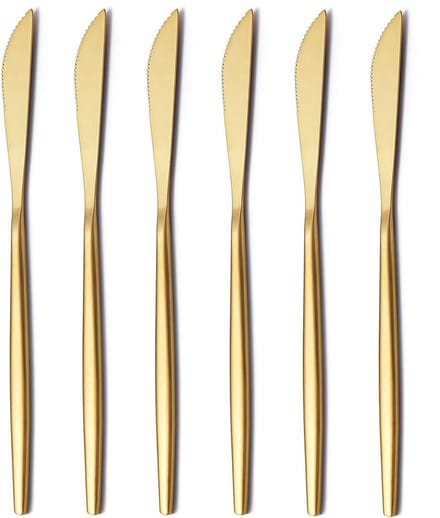 Dinermes 6-Delig, RVS Mat Goud Dinermes, Robuust Botermes, Modern Design Botermes, Vaatwasmachinebestendig (Mat Goud-8,9 Inch)