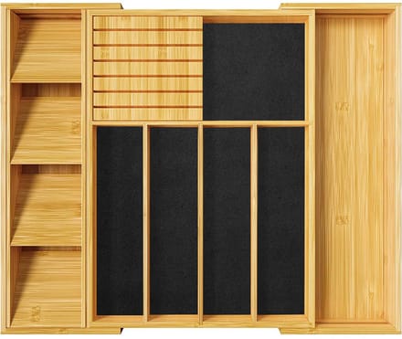 Uitschuifbare Bamboe Bestekbak 32–53 cm - 43 cm diep - Met Messenhouder, Extra Inlay en Antislip Bodem