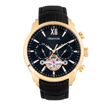 Heritor Automatic Arthur Semi-Skeleton leren band horloge met dag/datum - goud/zwart