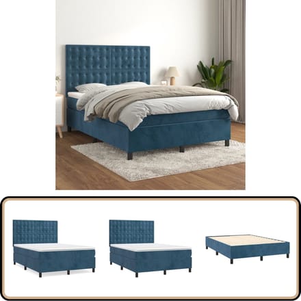 vidaXL - Boxspring - met - matras - fluweel - donkerblauw - 140x190 - cm