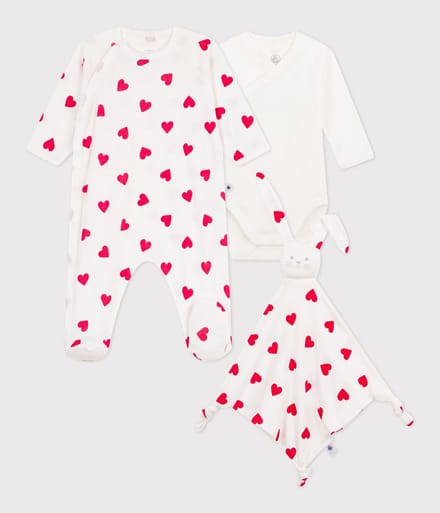 Petit Bateau Geboortegeschenkset van katoen met hartprint Unisex Kledingset - Wit/Rood + Wit/Rood + Wit