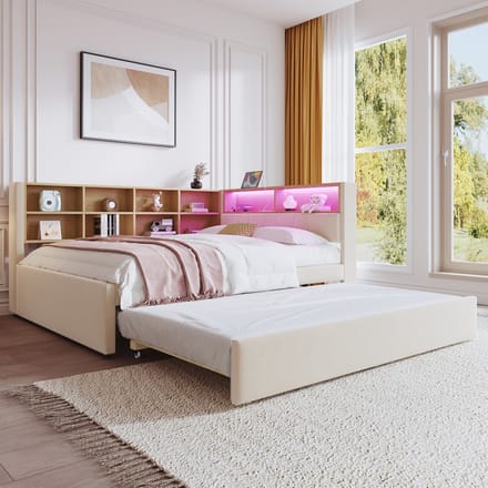 REDOM Slaapbank 140x200 cm van flanel – Met uitschuifbed 90x190 cm, LED en USB/Type-C – Beige