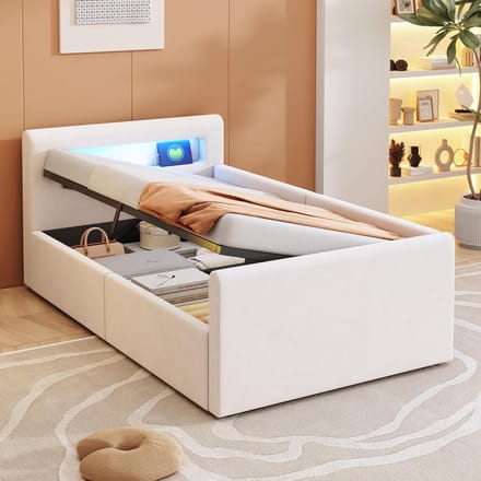 Modern Tweepersoonsbed 90x200 met Opbergruimte en LED Verlichting