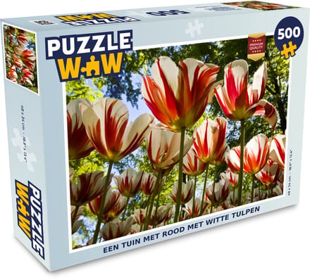 Puzzel Een tuin met rood met witte tulpen - Legpuzzel - Puzzel 500 stukjes