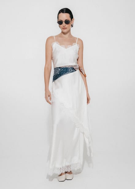 Esra silk skirt whit lace trim | White - White / M