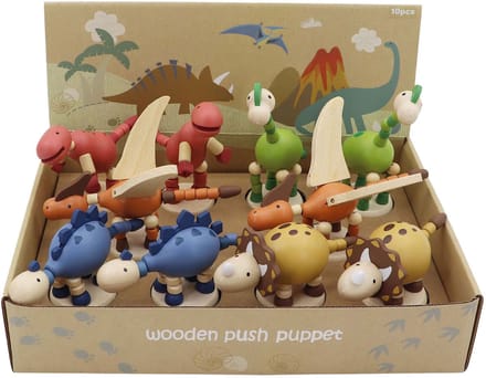 Playwood houten speelgoed drukpop dinosaurus kleurrijk.