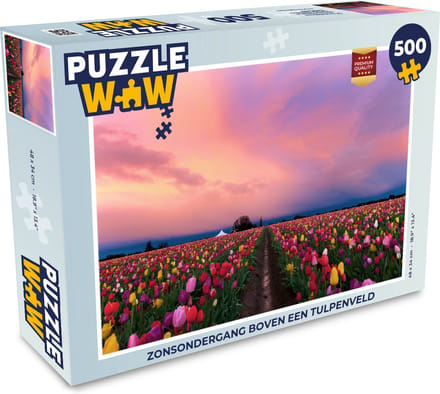 Puzzel Zonsondergang boven een tulpenveld - Legpuzzel - Puzzel 500 stukjes