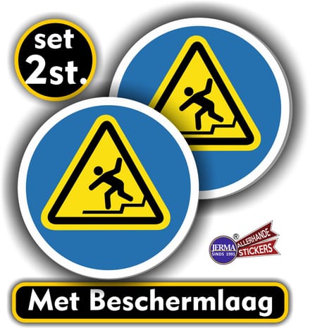 Jerma - Pas op het afstapje - Sticker - 2 stuks - Ø 10 cm - Zelfklevend - Vinyl - Weerbestendig