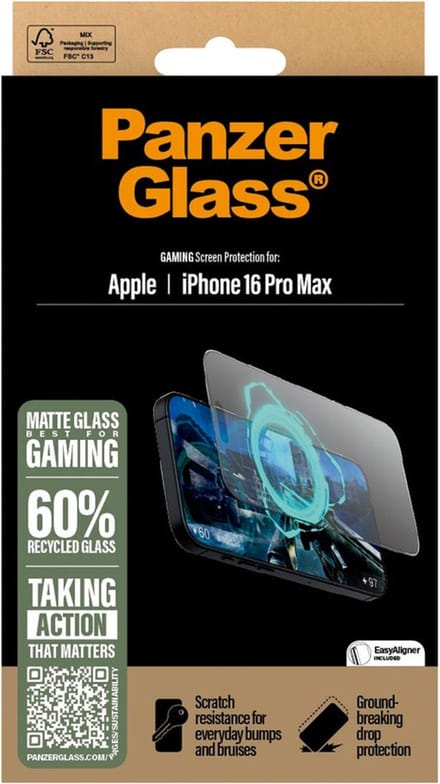 PanzerGlass Matte Gaming - Screen Protector - iPhone 16 Pro Max - Ultra-Wide Fit - 60% Gerecycled