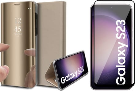 Hoesje geschikt voor Samsung Galaxy S23 - Screen Protector FullGuard - Book Case Spiegel Goud & Screenprotector