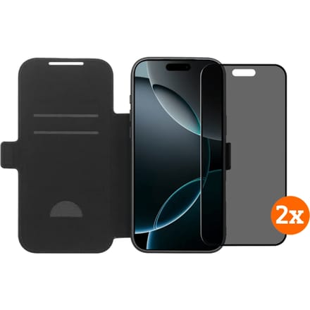 BlueBuilt Apple iPhone 17 Pro Max Book Case Leer Zwart + Privacy Screenprotector Duo Pack