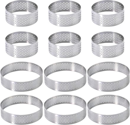 Set van 12 perforated dessertringen voor mousse, taarten, mini pizza's en muffins van roestvrij staal