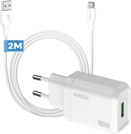 Phreeze usb stekker - Incl usb naar usb C kabel 2 meter - 18w usb adapter - 5v 3a usb oplaadstekker voor smartphone tablet koptelefoon accessoires