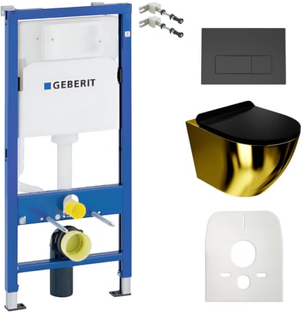 Lavita Duofix Basic inbouwframe + wand diepspoel WC Sofi Slim goud/zwart randloos + WC Sitz + bedieningsplaat Delta 25 zwarte bedieningsplaat