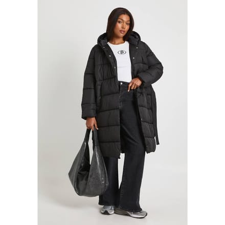 boohoo Dames Plus Pufferjas met ceintuur en lange snit | Black | Maat: 16