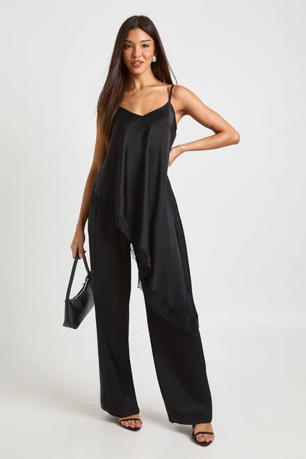 boohoo Dames Kanten Rand Satijnen Hemdjes & Broek Co Ord | Black | Maat: 16