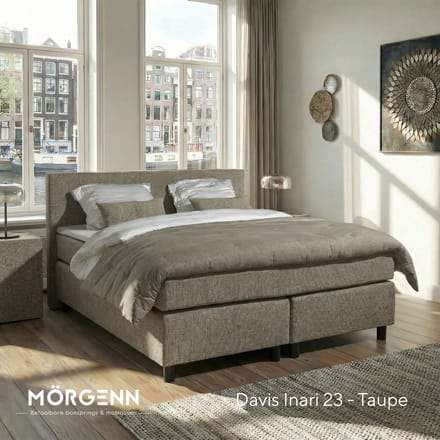 Mörgenn Boxspring Amsterdam - Pocketvering - Taupe - 140x200 cm - Inclusief Dekbed en Kussens