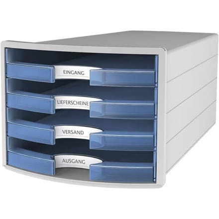 Ladebox HAN Impuls 2.0, 4 schuifladen, A4-formaat, stapelbaar, open, grijs/transparant-blauw