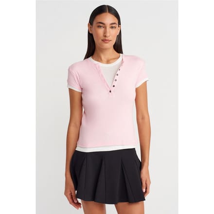 Dames Katoenen V-Hals Knop T-Shirt