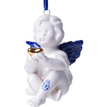 Heinen delfts blauw kerstornament - engel, 8 cm